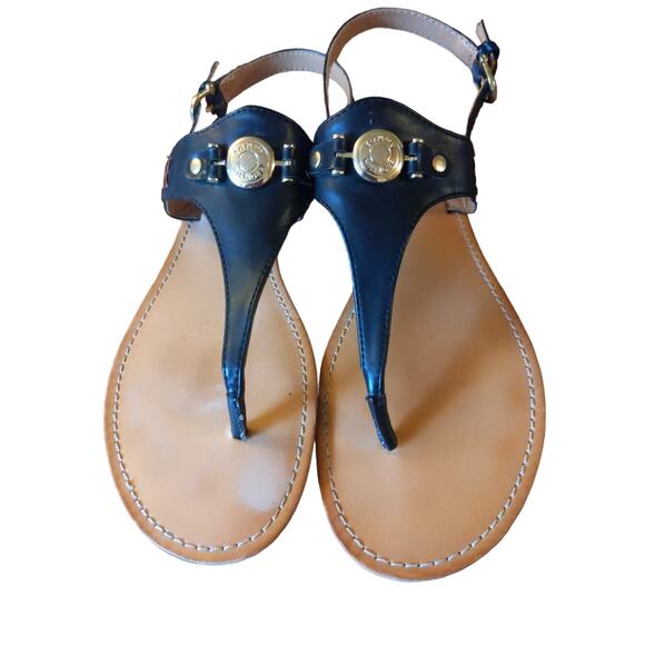 Tommy Hilfiger Women's Size 10M Black Thong Sandals Gold Logo Hardware - Picture 1 of 8